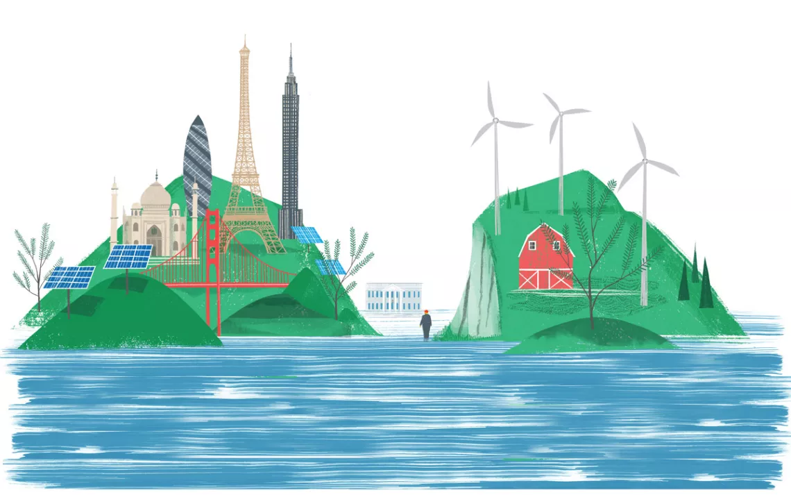 Illustration of the US and Europe with windmills on the European side