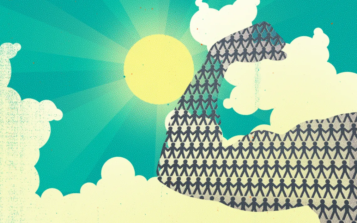 Illustration of a bicep in from of the sun and clouds