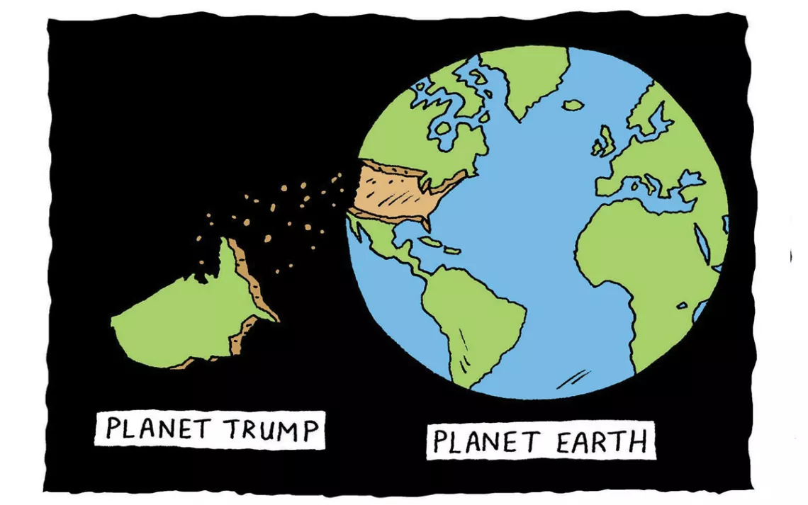 Illustration of Earth with the US separate and named Planet Trump
