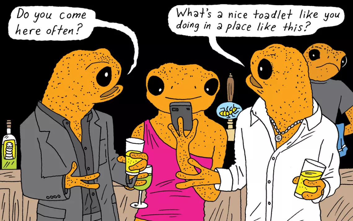 Illustration of a female toadlet ignoring two male toadlets in a bar