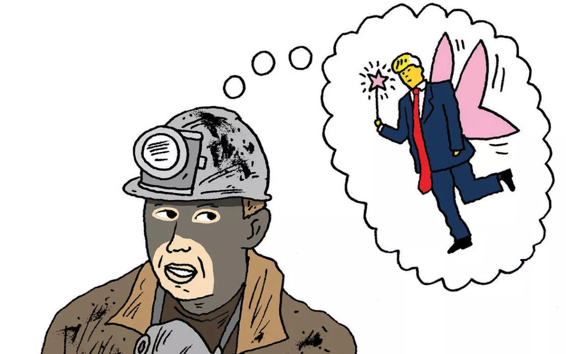 Coal miner thinking of Donald Trump with wings and a wand