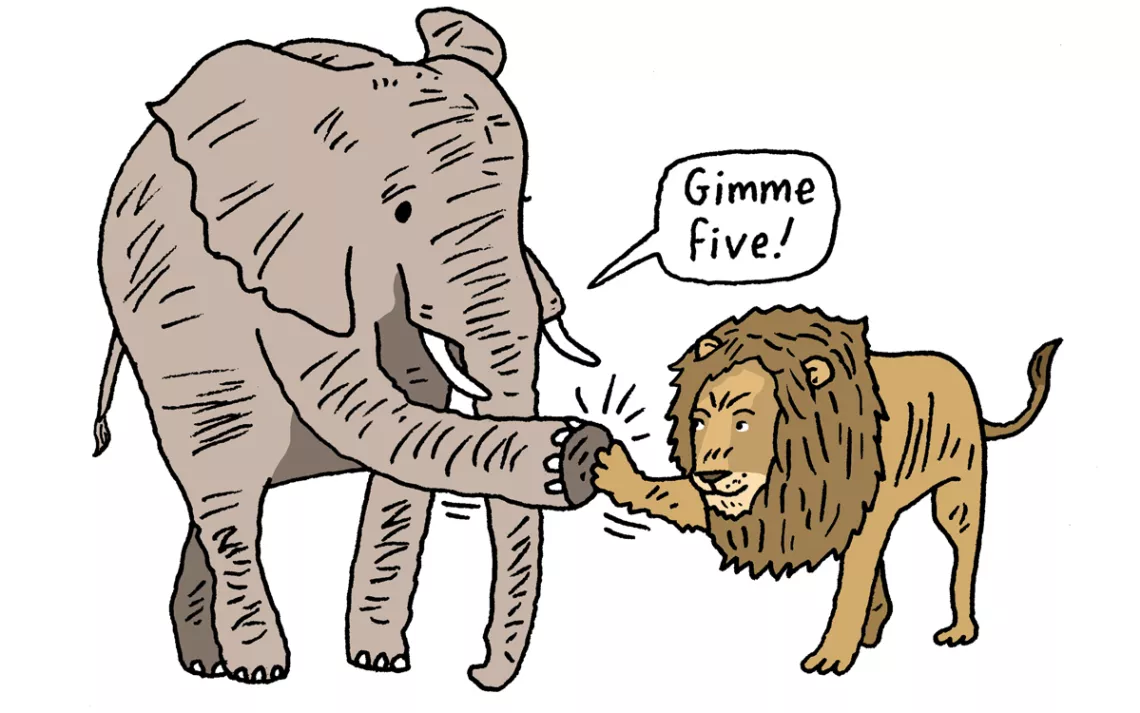 an elephant and a lion shaking hands