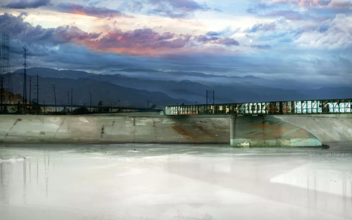 A multilayered photograph combines scenes from the L.A. River around East Compton with others along the 51-mile waterway.