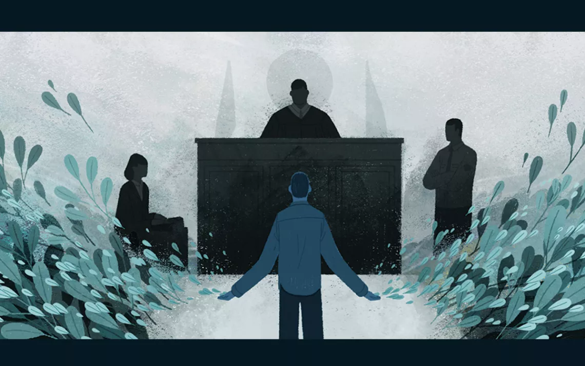Illustration of a person standing before a judge