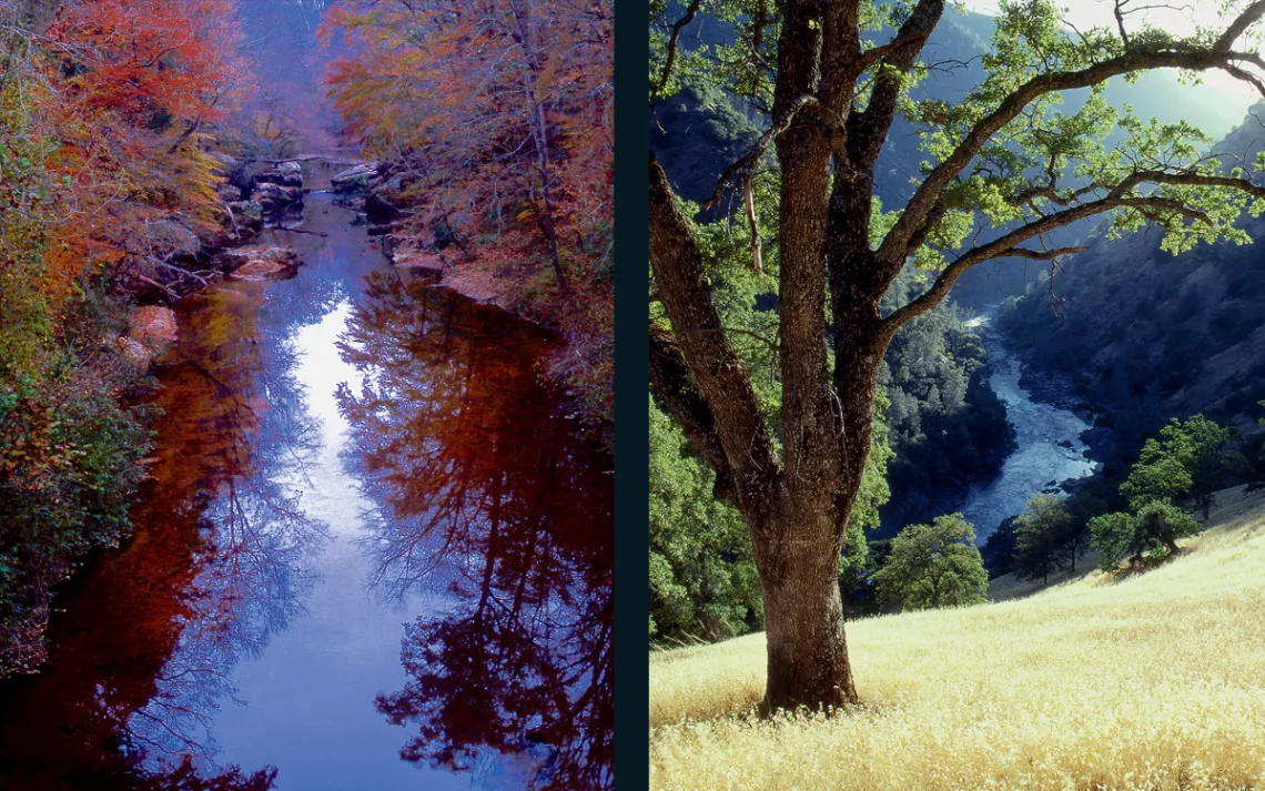 Left: In Alabama, the Sipsey Fork of the West Fork River flows through the southernmost reaches of the Appalachian Mountains. Right: The Sierra Nevada foothills section of the Tuolumne River was&nbsp;designated as wild and scenic, preventing the construction of a dam.
