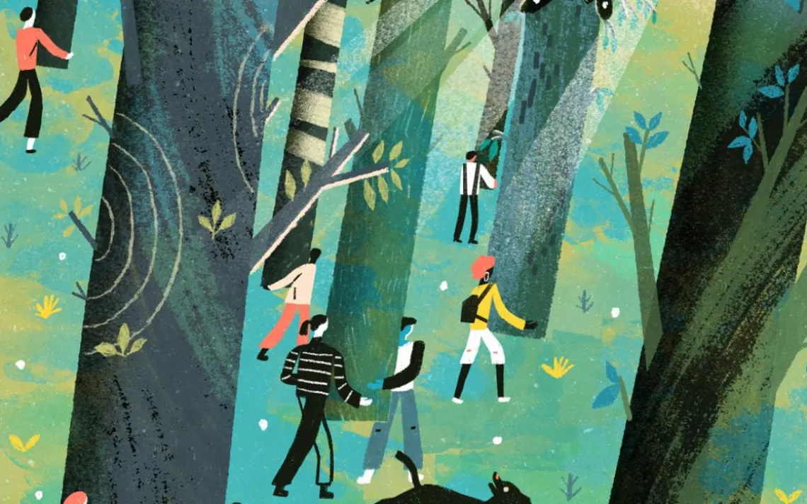 Illustration of people hugging trees