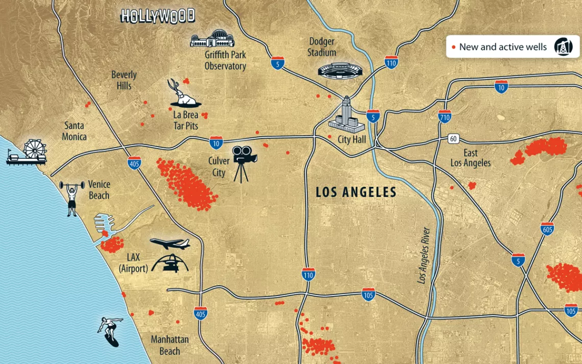 An illustrated map of Los Angeles county shows where oilfields are in relation to major landmarks.