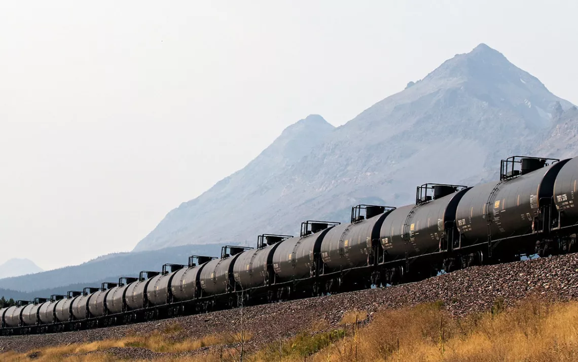 An oil train travels near Marias Pass on Sept. 12, 2017.