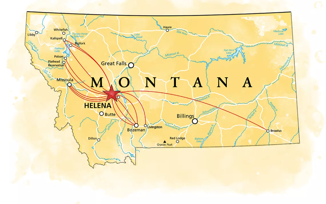 Map showing location of plaintiffs in Held v. Montana with Helena, site of the upcoming trial, indicated.