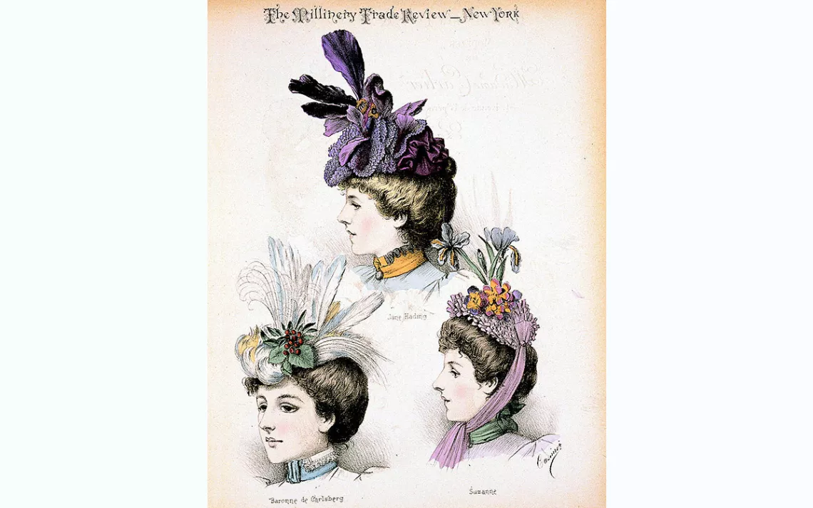 Fashion plate, 1897, showing hats with flowers and bird feathers designed in the Paris establishment of Madame Carlier.