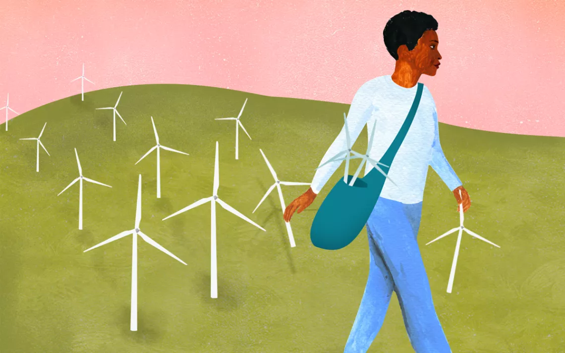 Illustration of woman walking through filled with wind turbines