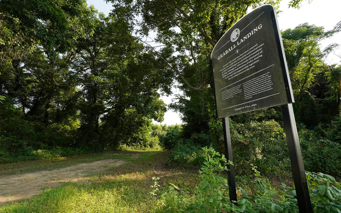 A memorial sign at Graball Landing, the spot where Emmett Till's body was pulled from the Tallahatchie River just outside of Glendora, Miss., is photographed Monday, July 24, 2023.