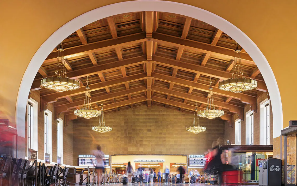 Passengers in the waiting room of Union station - the main transportation hub in Los Angeles, California.