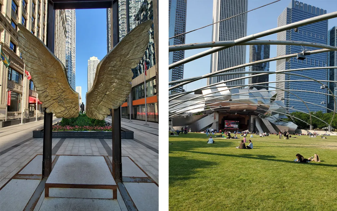 At left: If you stand in the right place, you can give this Chicago statue of Mexican President Benito Juarez wings.    At right: My visit to Chicago coincided with the Chicago Blues Festival in Millennium Park.