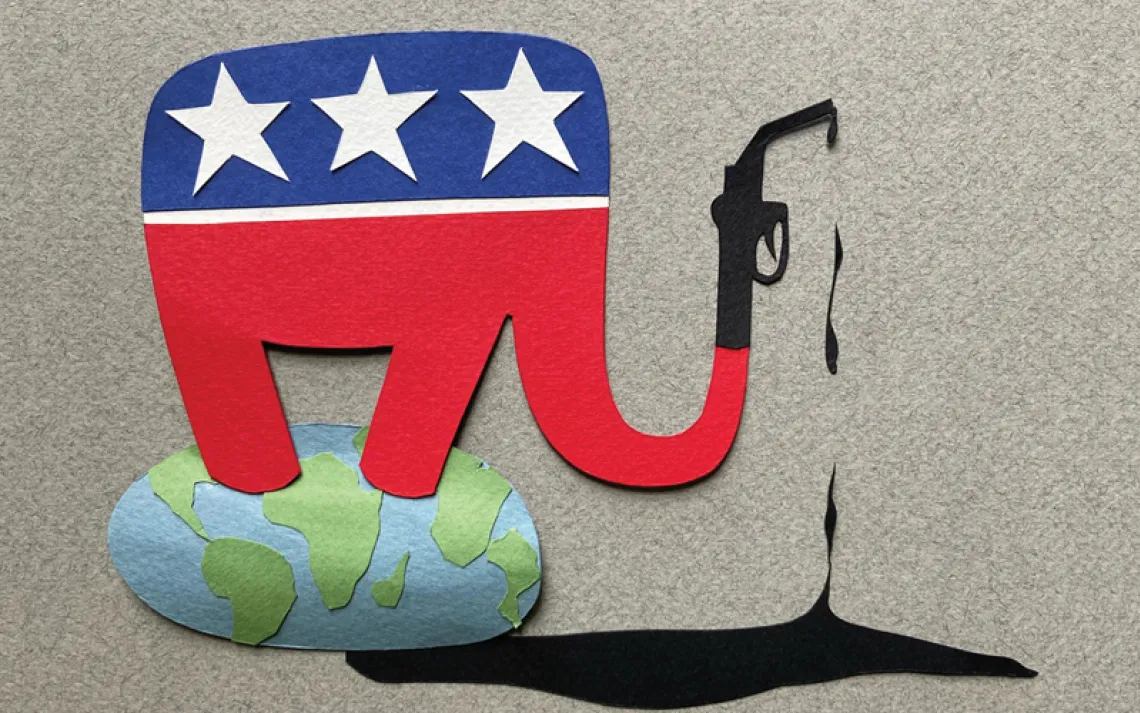 Illustration shows a red, white, and blue elephant standing on Earth. Its trunk is a gasoline hose dripping black liquid.