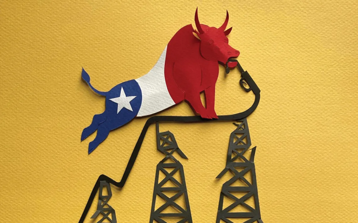Illustration shows a bull painted with the Texas flag standing atop electrical towers holding what appears to be gasoline hose in its mouth.