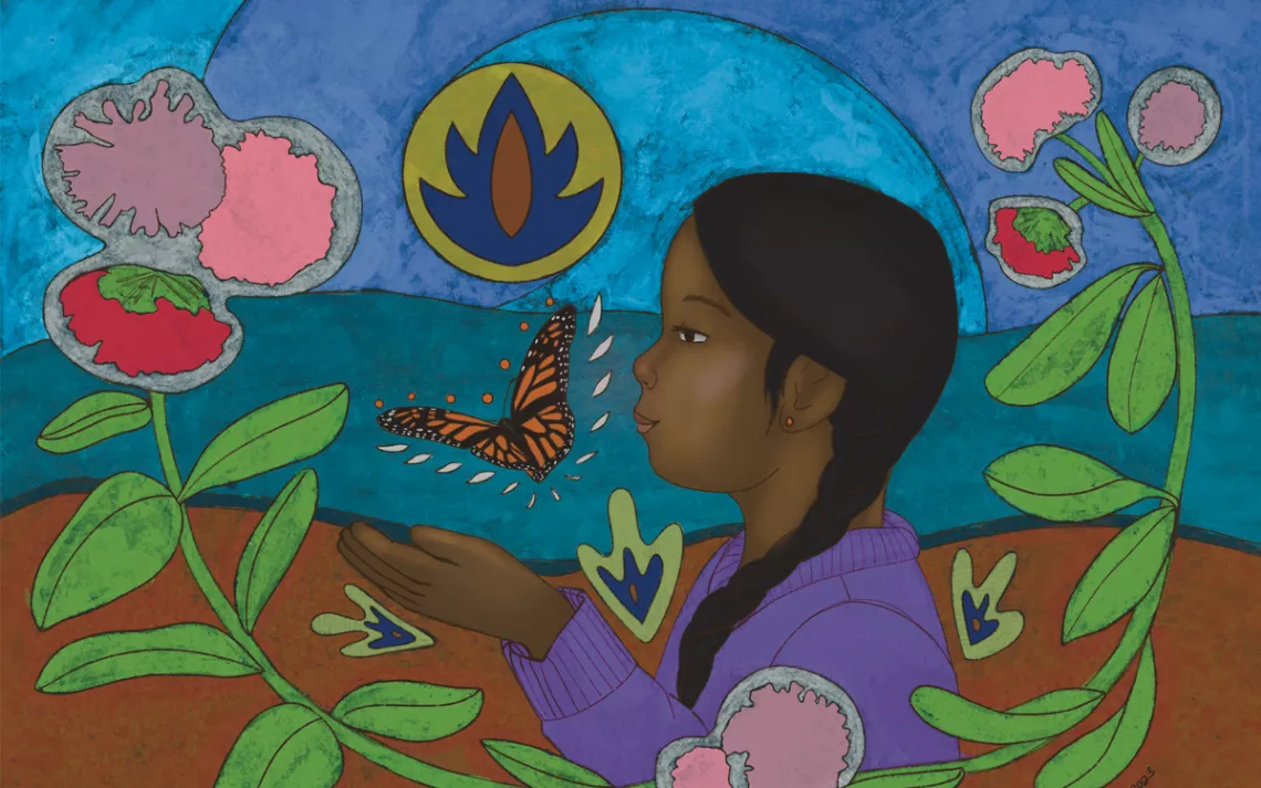 A Native American girl in a purple sweater holds her hands out to a monarch butterfly.