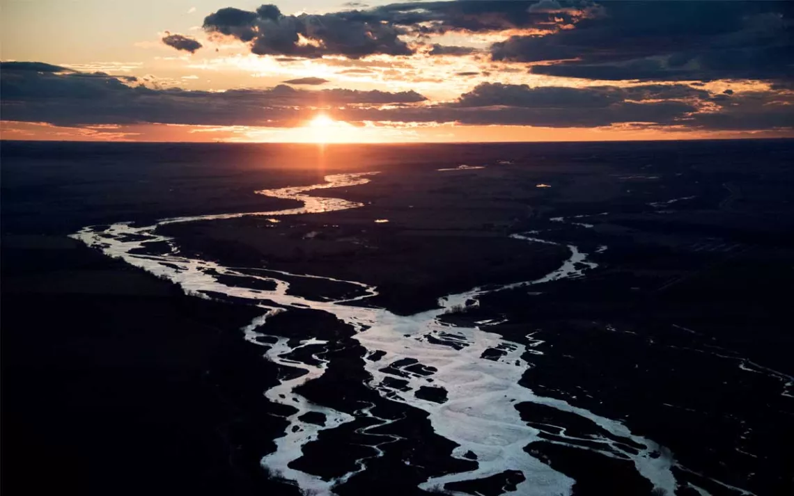 Aerial photo of the Platte River at sunset