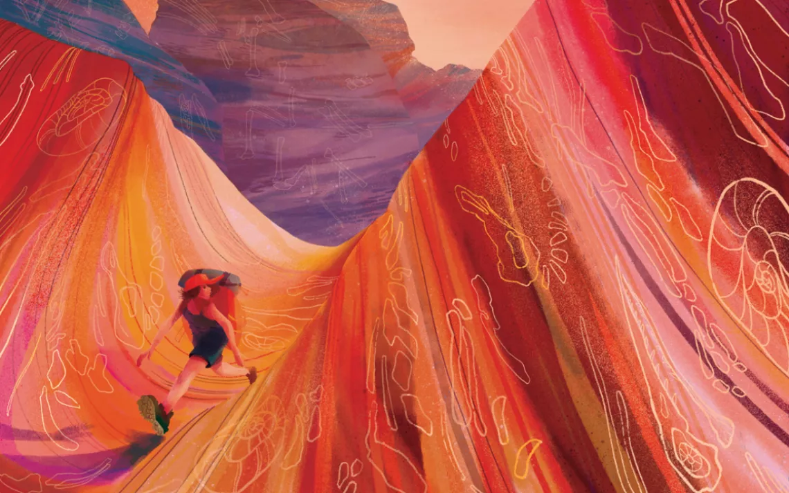 Illustration of a woman hiking in a canyon in Utah