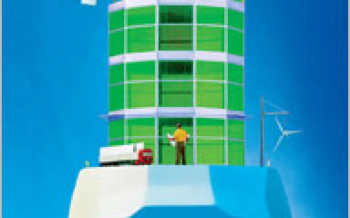 illustration of a man topped by a green building