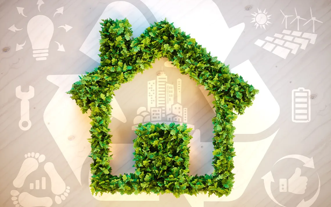 illustration of a house outlined in green plants