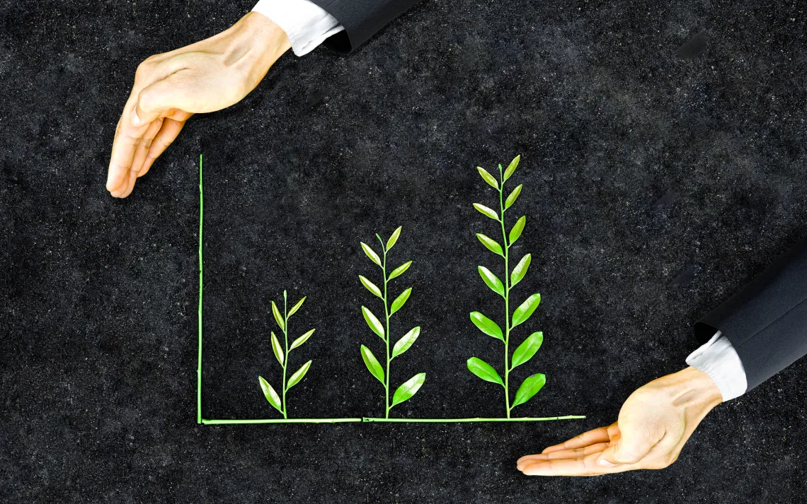 illustration of hands in a business suit holding green plants