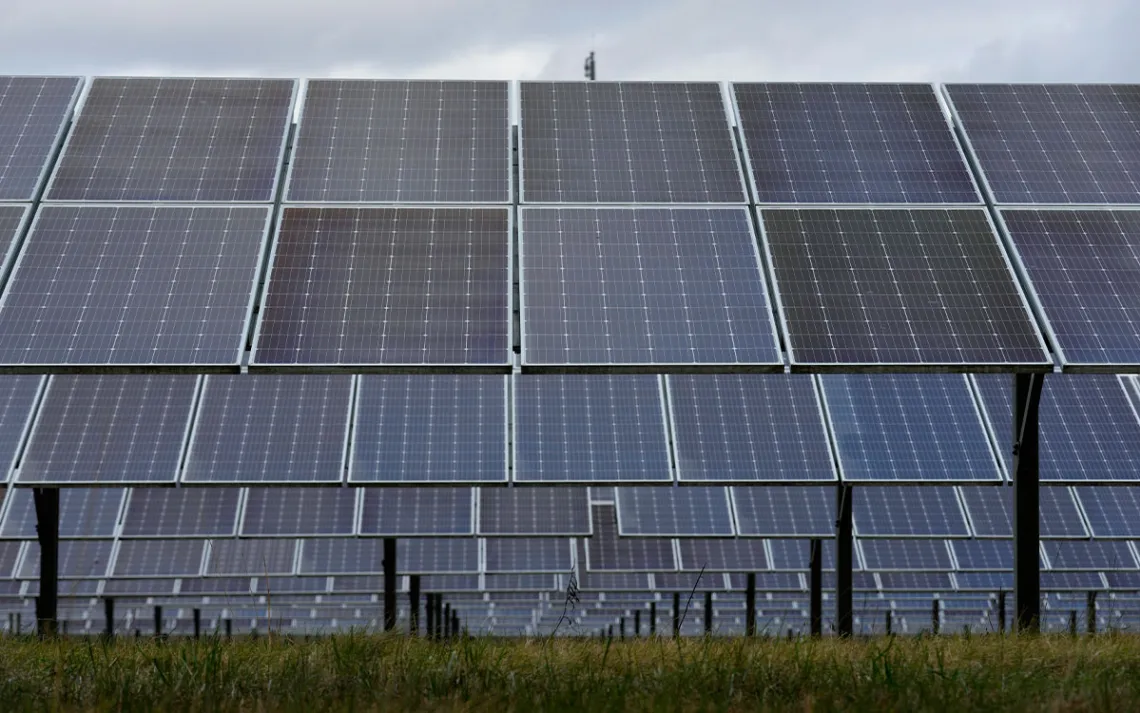 Solar panels work at the DTE O'Shea Solar Park in Detroit, MI