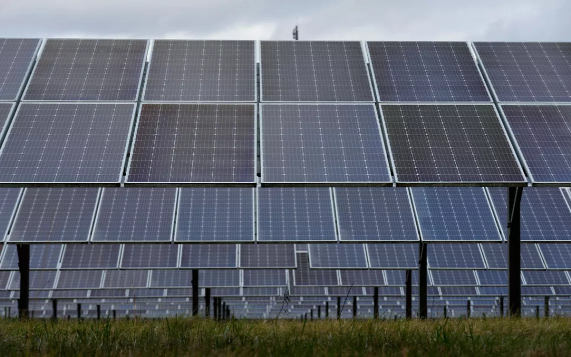 Solar panels work at the DTE O'Shea Solar Park in Detroit, MI