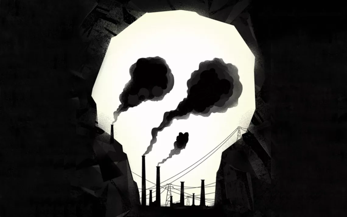 Illustration shows a skull shape formed from a coal mine with smoke forming its eyes and smokestacks forming its teeth
