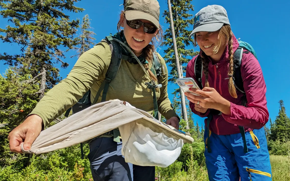 Jessie Roughgarden and Pauline Peterson laugh and photograph a beetle they caught in a net.