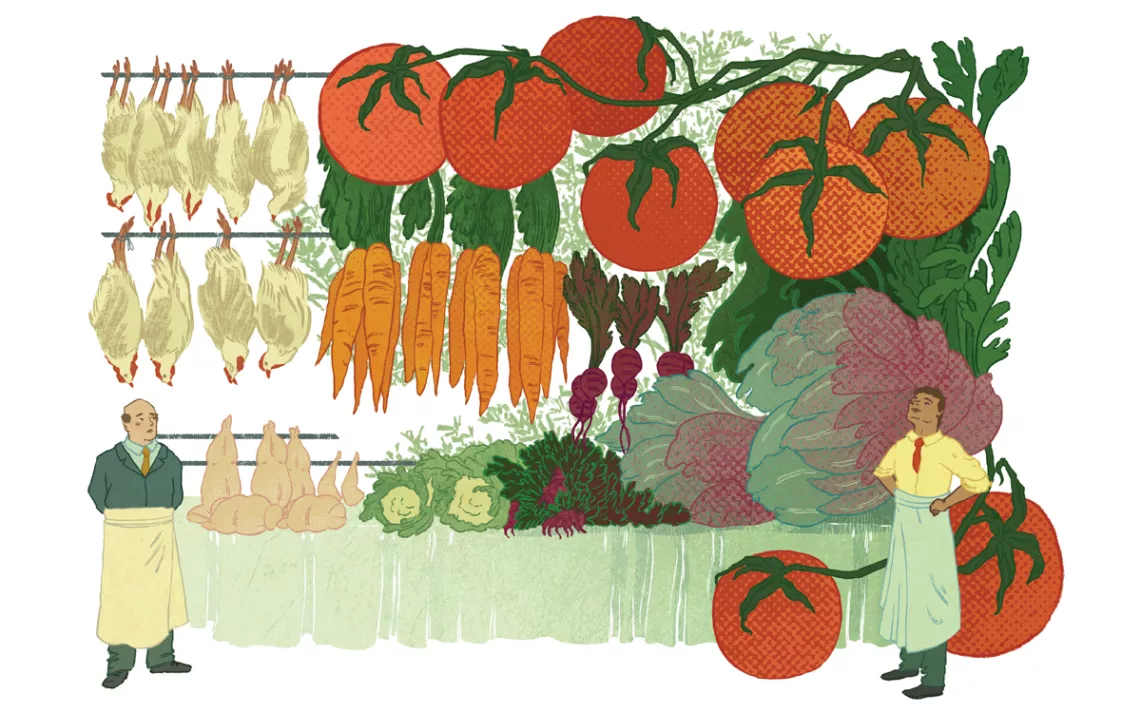 Illustration shows two men in aprons standing in front of tomatoes, carrots, radishes, and chickens hanging from rods