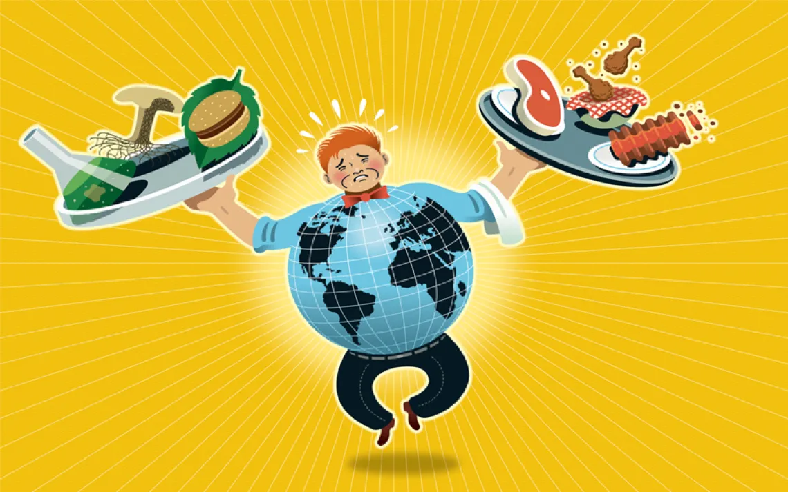 Illustration shows a man with an Earth-shaped belly sweating and holding up two plates, one with a veggie burger, a mushroom, and a beaker of liquid and the other holding a steak, chicken wings, and other meat.