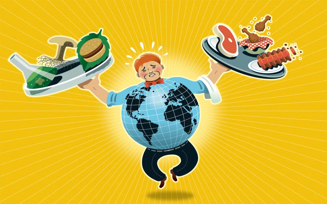 Illustration shows a man with an Earth-shaped belly sweating and holding up two plates, one with a veggie burger, a mushroom, and a beaker of liquid and the other holding a steak, chicken wings, and other meat.