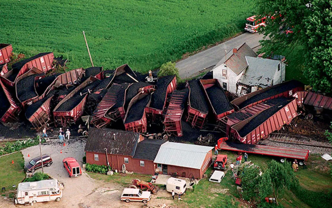 Wrecks like this one near Baltimore, Ohio, are sometimes caused by a buildup of coal dust on the tracks.