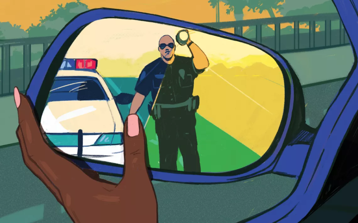 Illustration shows a Black woman's hand on her car's rearview mirror. In the mirror a white male police officer approaches the car with a flashlight.