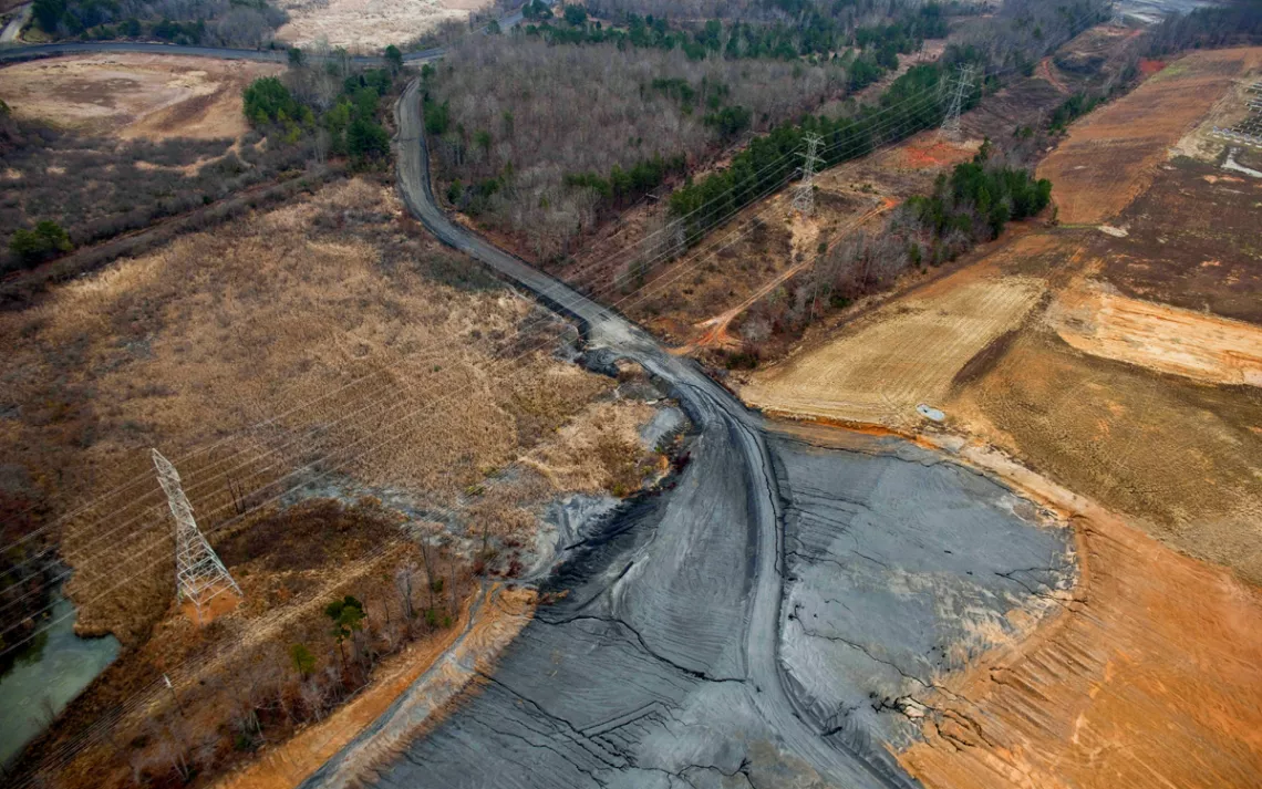 Aerial photo of black coal ash across a landscape in North Carolina