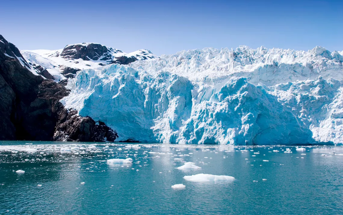 The face of the Hubbard Glacier meets the sea in Seward, Alaska