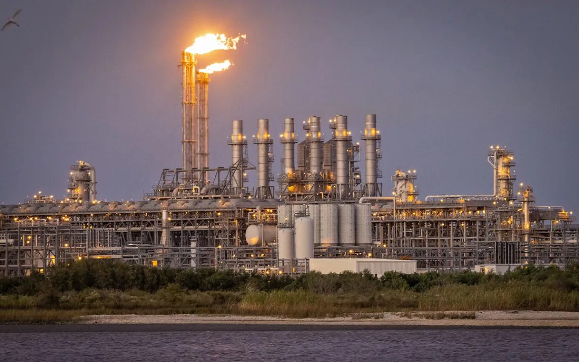 The Calcasieu Pass LNG terminal in Cameron Parish, Louisiana.  A proposed, even larger sister plant, CP2, is now on indefinite hold. 