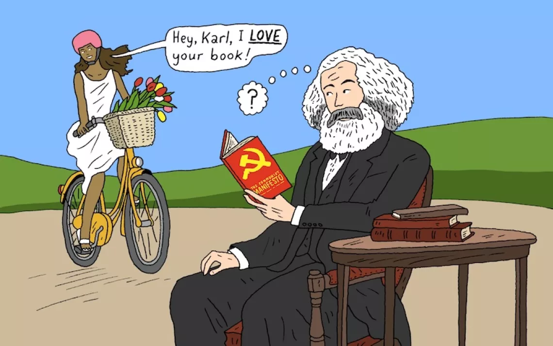 illustration of a girl on a bike talking to Karl Marx