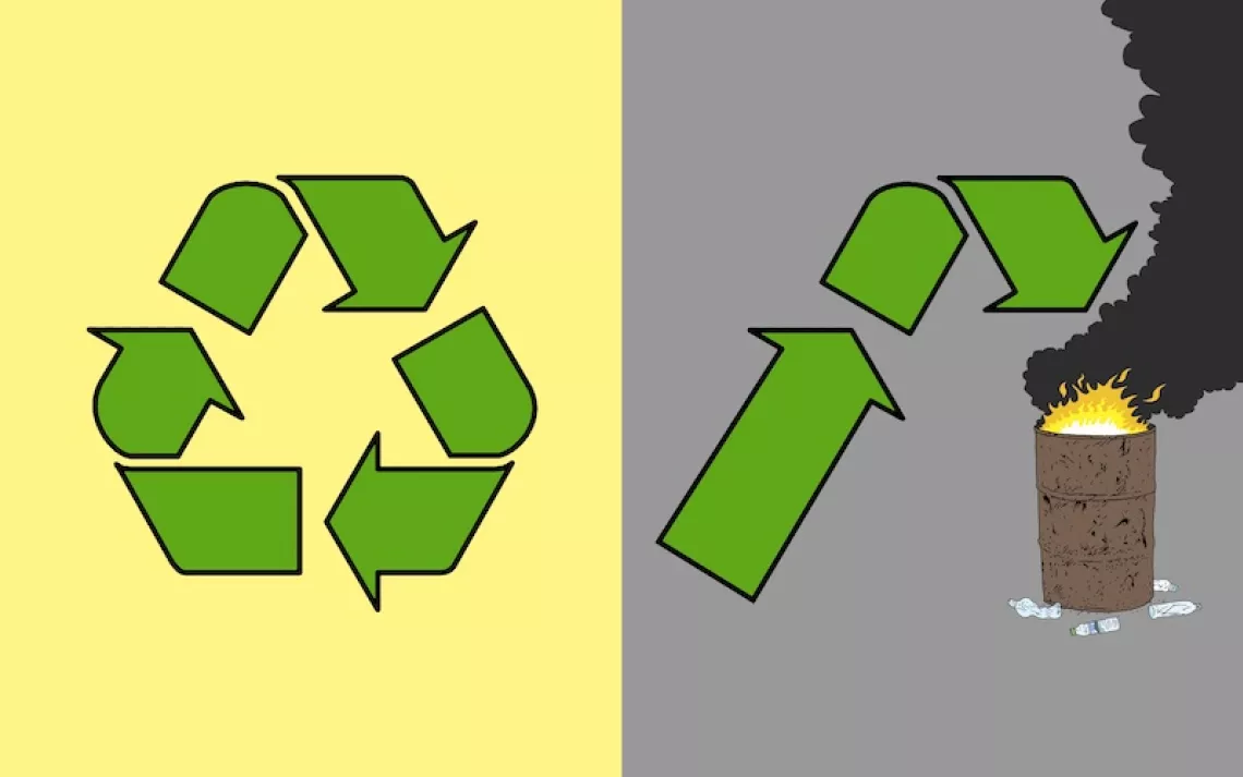 illustration of a recycling symbol burning in a trash can