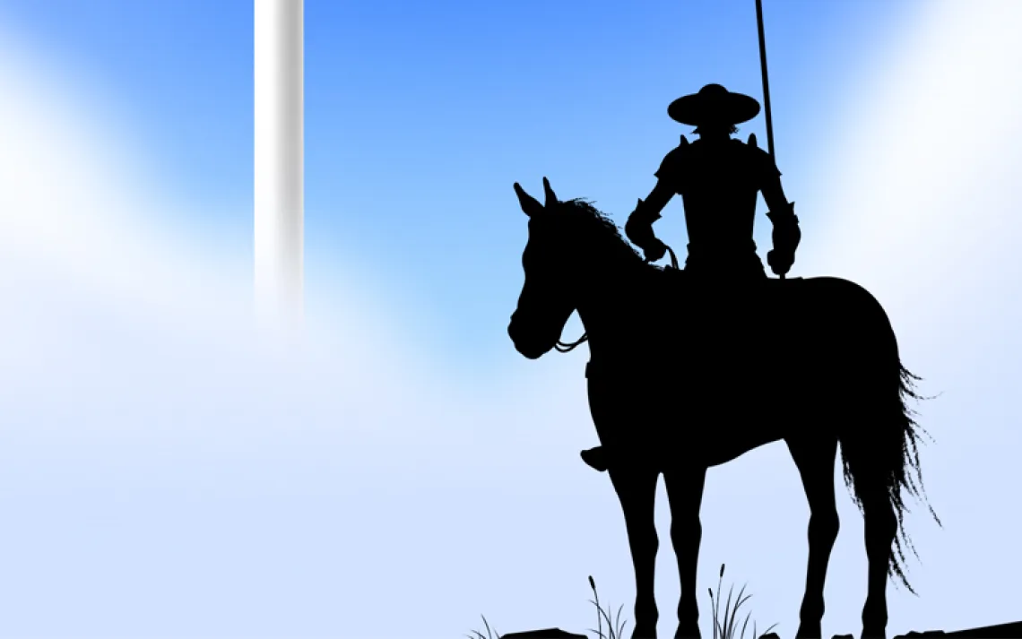 illustration shows a wind turbine against a blue background and a man on a horse in silhouette