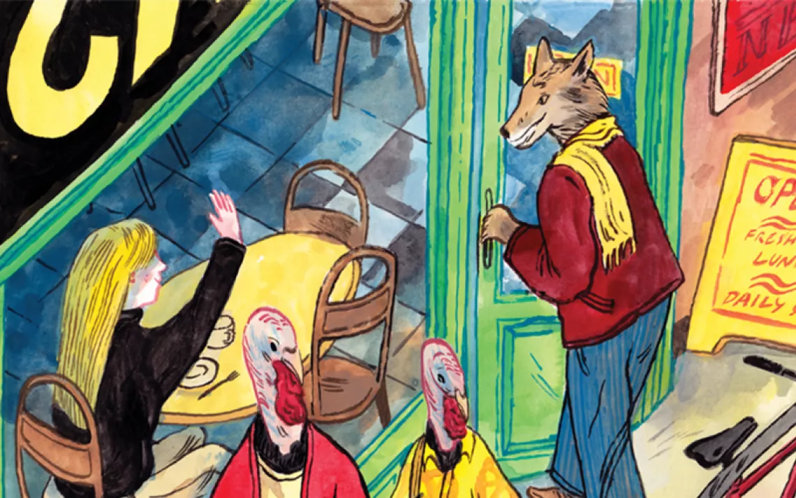 Colorful illustration shows animals dressed as humans interacting with people in a cafe and on the sidewalk.