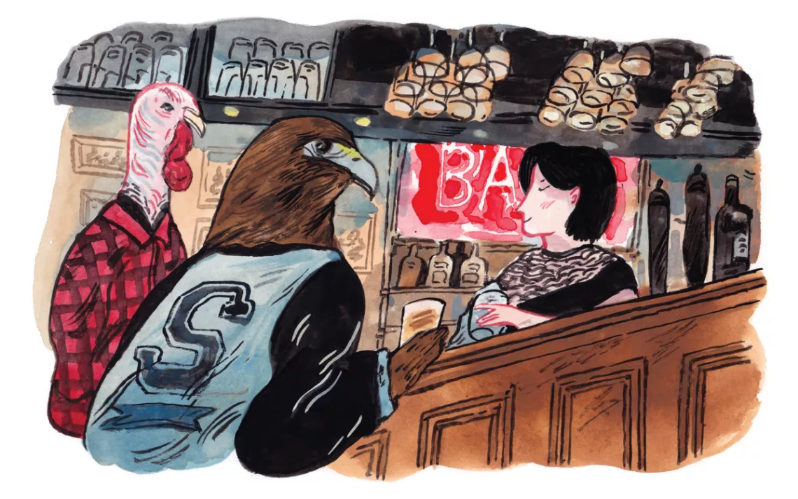 Illustration shows a turkey and a hawk sitting at a bar and a bartender serving them.