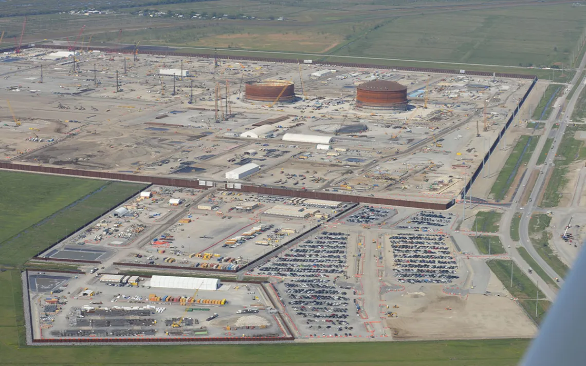 An aerial view showing the size of the LNG export terminal Venture Global is building in March 2023. 