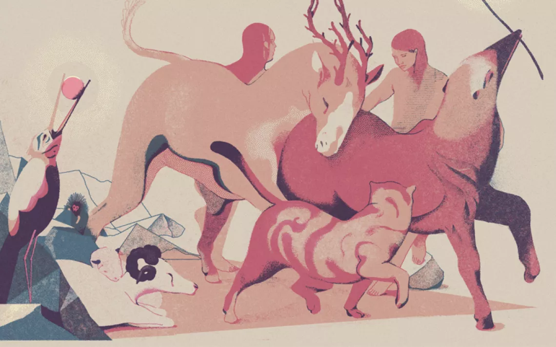 Illustration shows two people with several animals walking a path