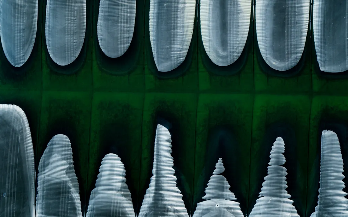 Aerial photo of 14 lagoons covered in plastic to capture methane.