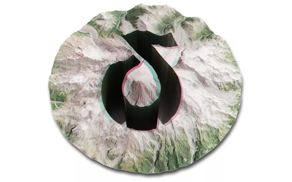 Illustration showing TikTok logo carved out of Mount Rainier National Park