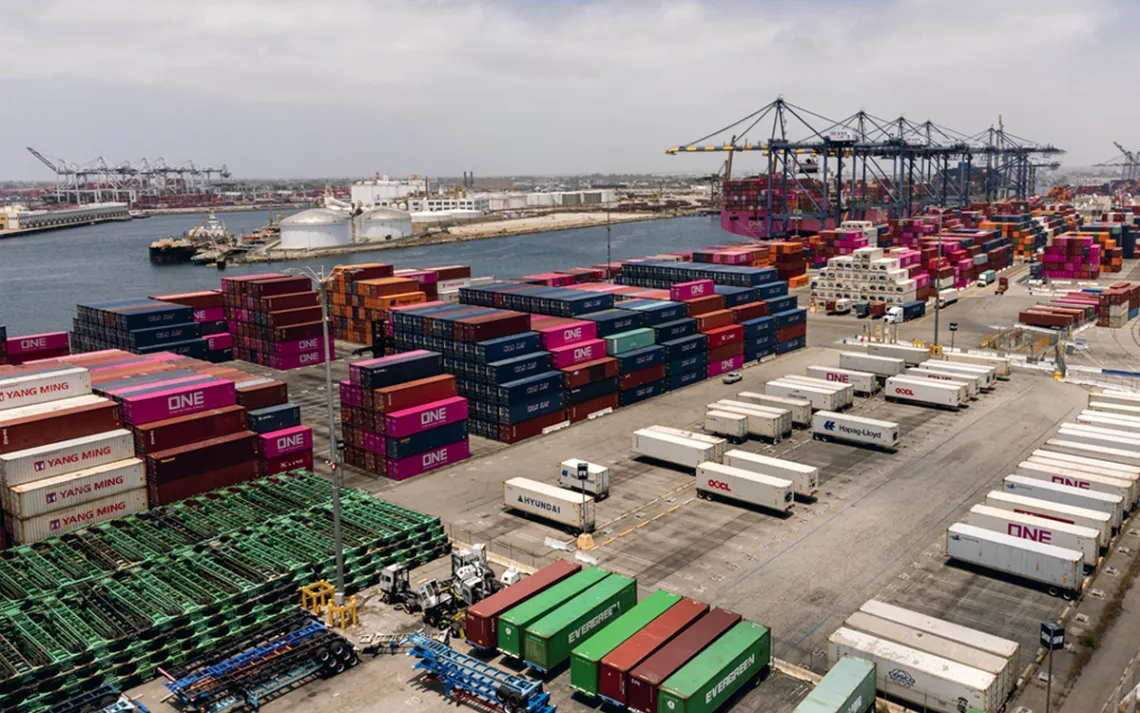 Colorful containers stacked up at the Port of Long Beach