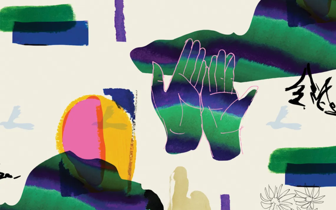 Illustration shows two hands in the air, flowers, birds, and abstract images