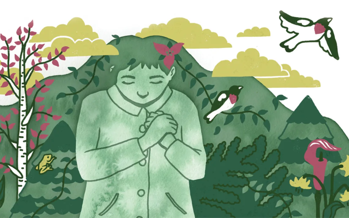 Illustration shows a woman in a coat with her hands over her heart. Her head blends into the mountain and forest behind her.